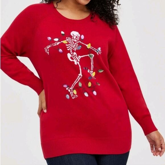 Torrid Womens Red Festive  Christmas Skeleton Sweater sz 3 ( L) - Picture 3 of 12